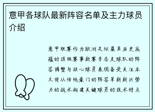 意甲各球队最新阵容名单及主力球员介绍
